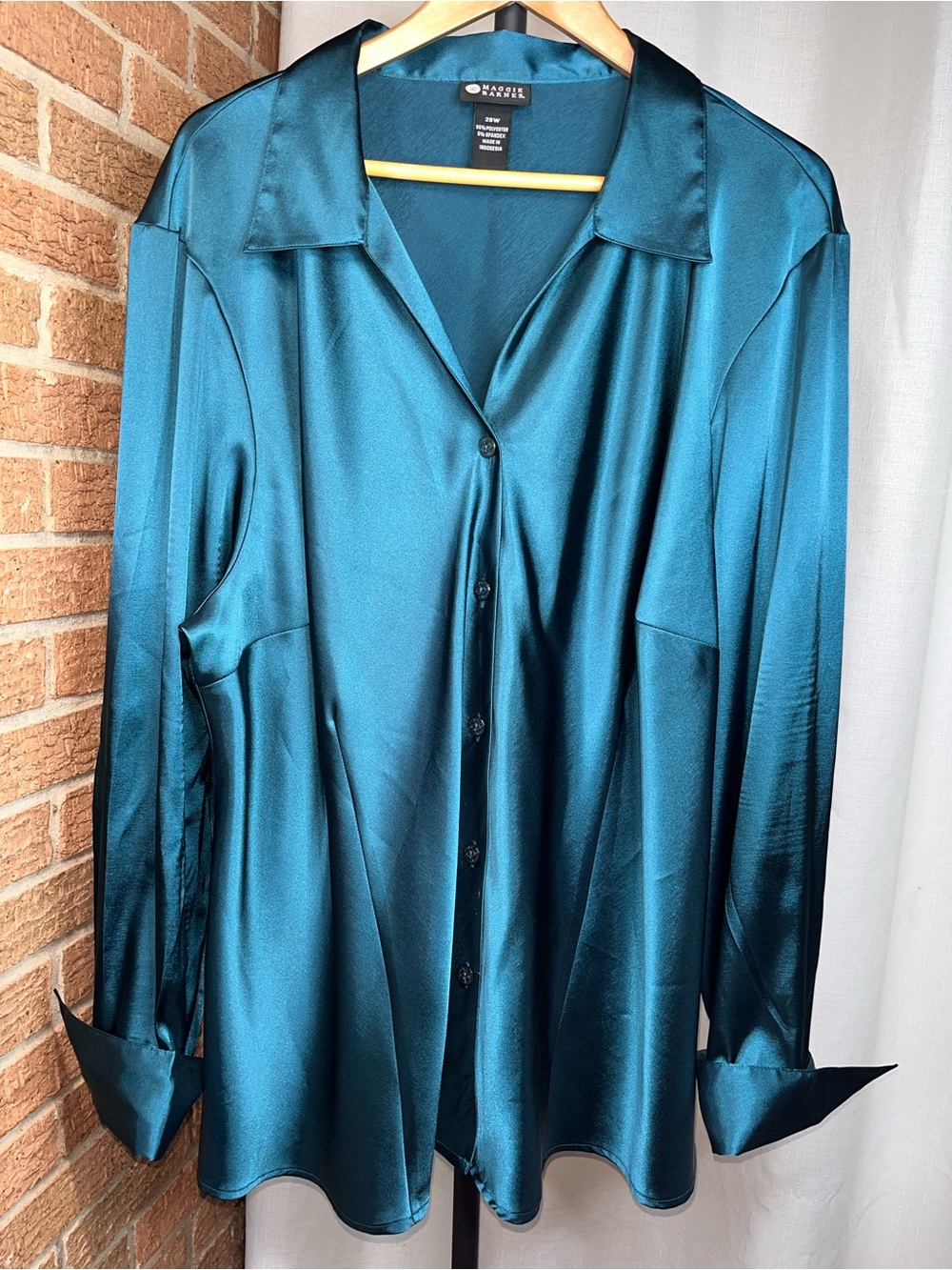 Maggie Barnes Teal Satin Button Front Blouse 28W Plus Size Silky Stretch Career
